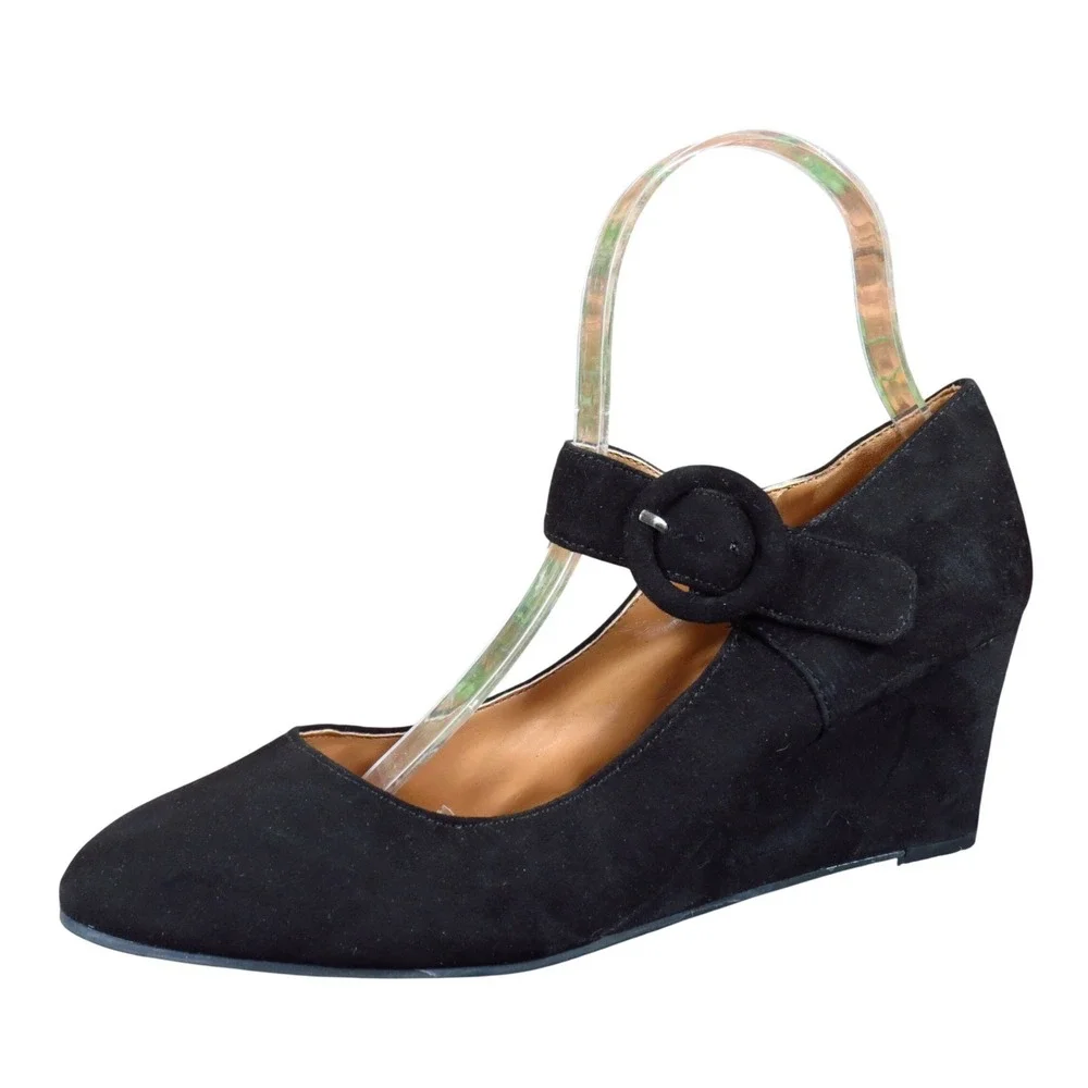Nine West Irina Women 7.5 Black Textile Mary Jane Wedge Comfort Casual Dress
